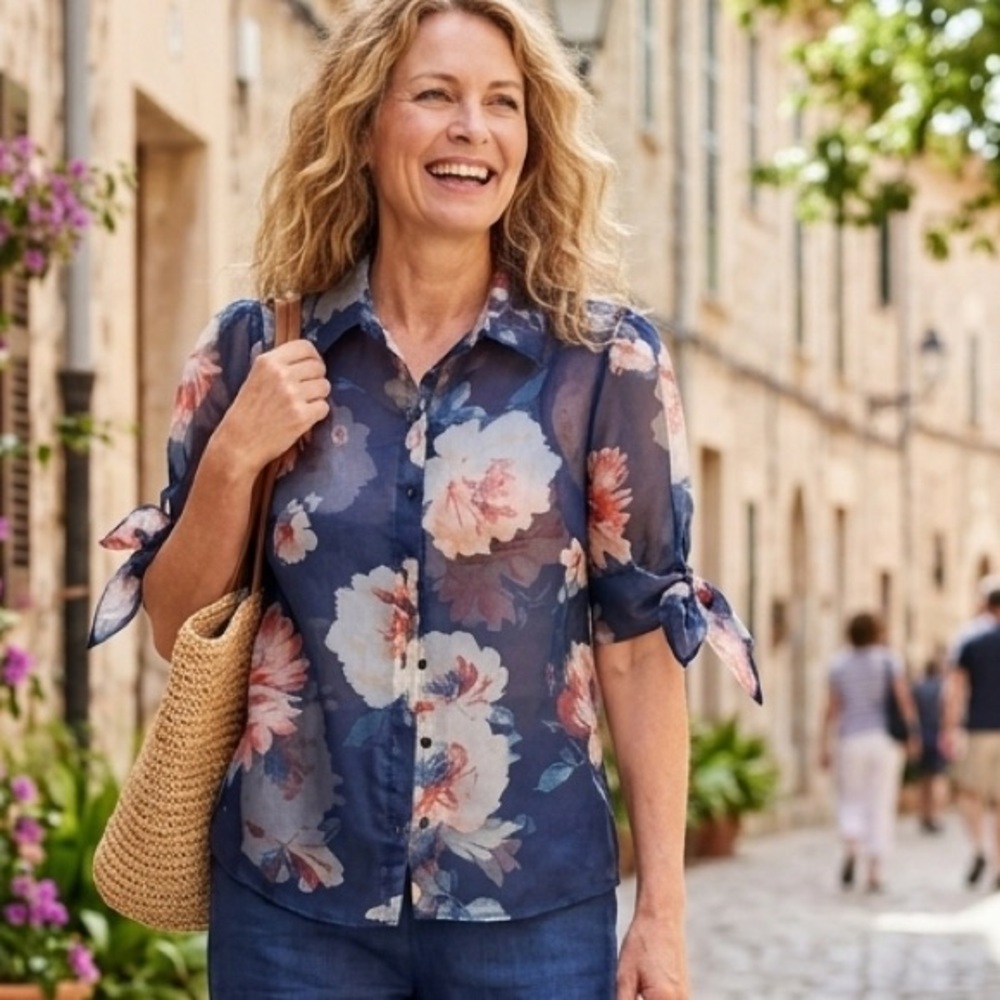 Melograno Rico Womens Top Size M Blue Floral Sheer Organza Puff Feminine Fairy